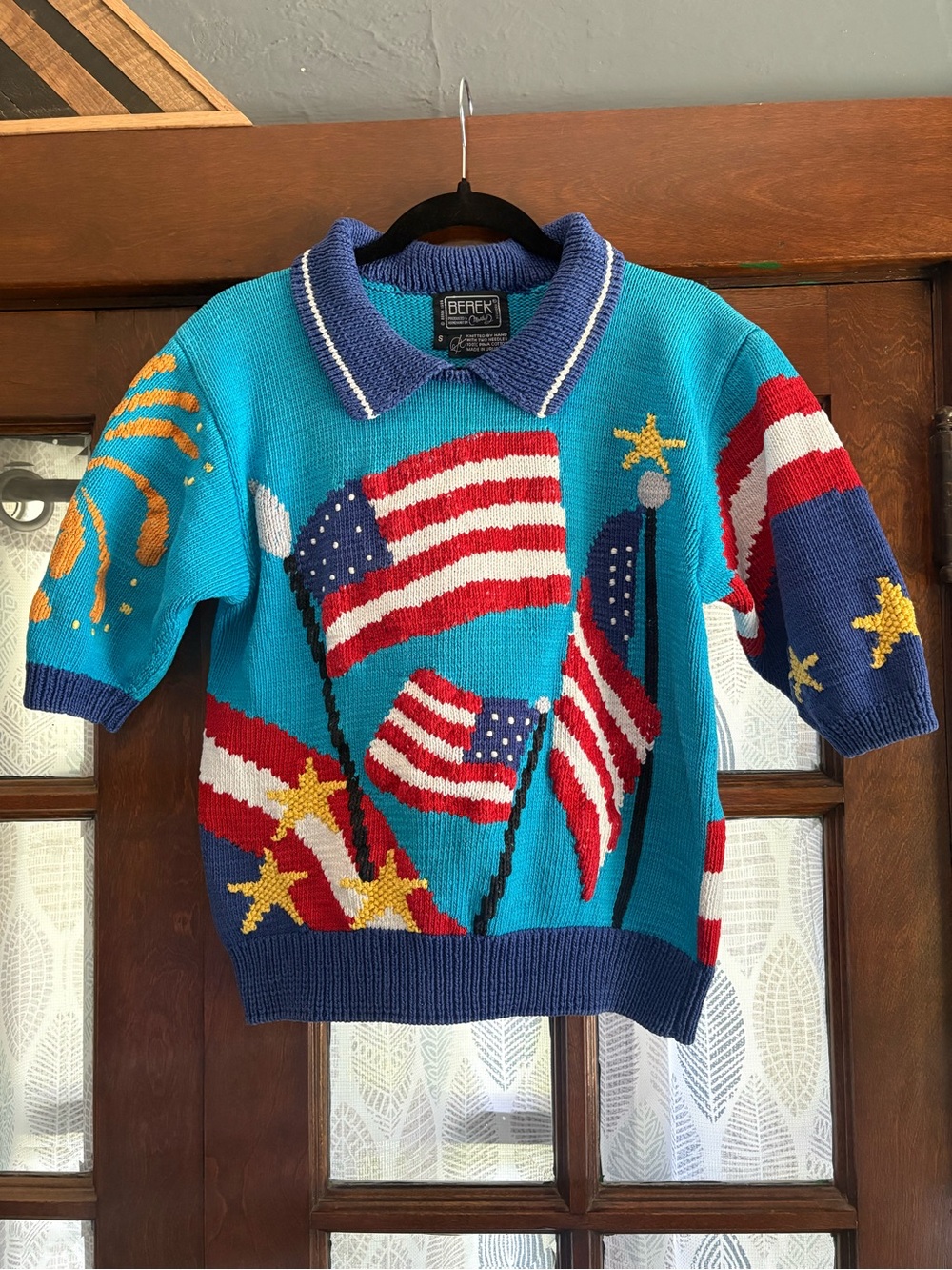 VTG 1989 Berek Patriotic USA Flag Sweater Hand Knitted 100% Pima Cotton Size S